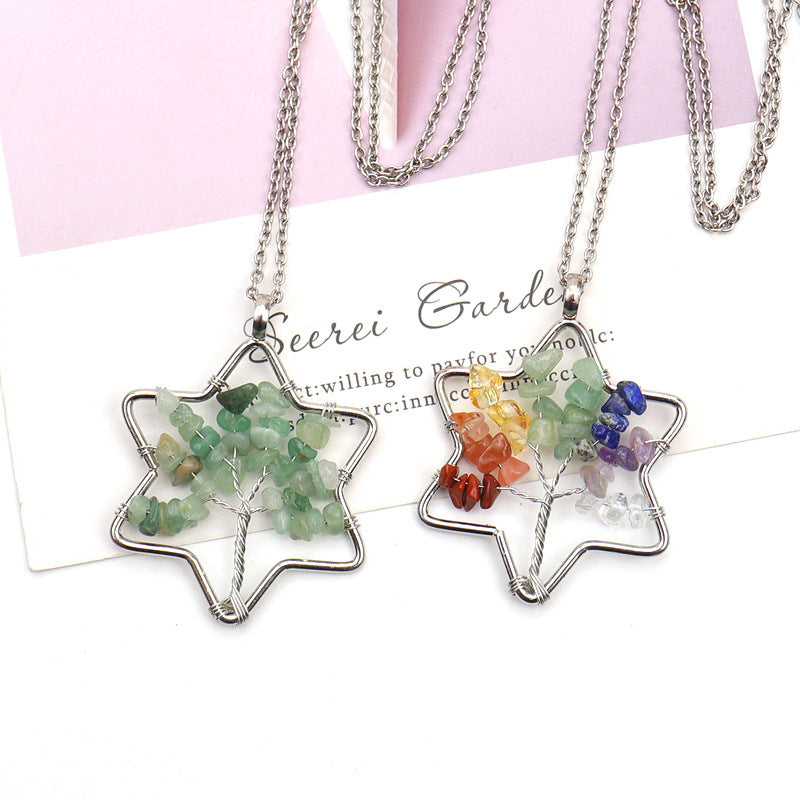 Wholesale Handmade Six-pointed Star Tree of Life Crushed Stone Crystal Necklace